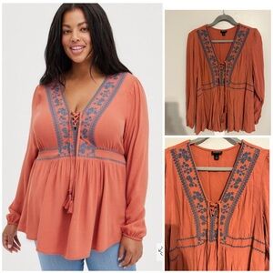 Torrid Babydoll Rayon Crepe Embroidered Lace-Up Top